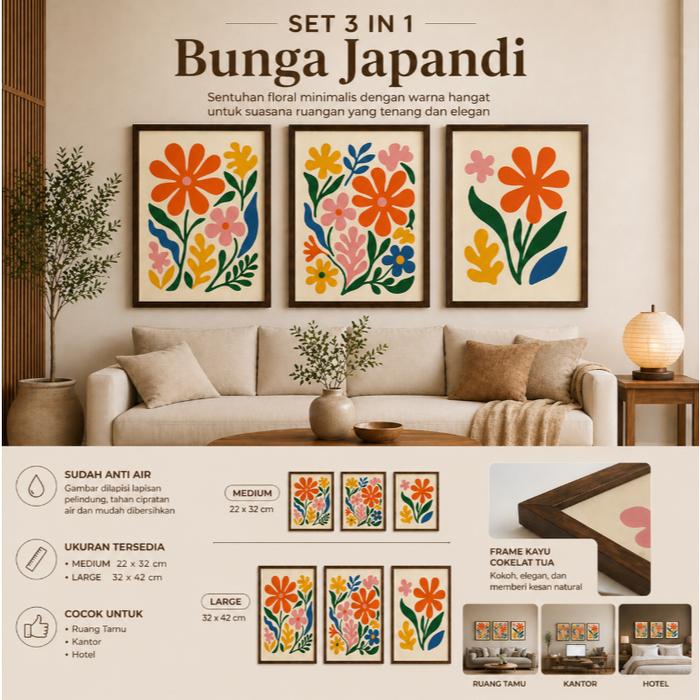 SET 3 IN 1 POSTER LUKISAN GAMBAR JAPANDI FLOWERS BUNGA MINIMALIS ESTETIK BOHO BOHEMIAN HIASAN DINDIN