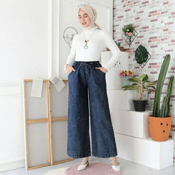 Mapple Palazzo Celana Kulot Jeans Wanita Jumbo Premium Denim Hitam Lipat Biru Rawis Fit to BB 40kg -