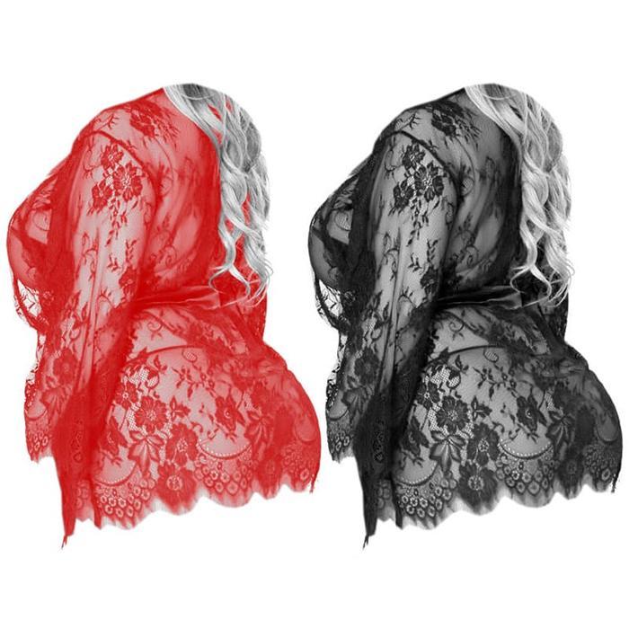 L1177 Lingerie Jumbo Kimono Sexy Baju Tidur Dinas Malam Wanita Seksi Lengan Panjang Lace Motif Bunga