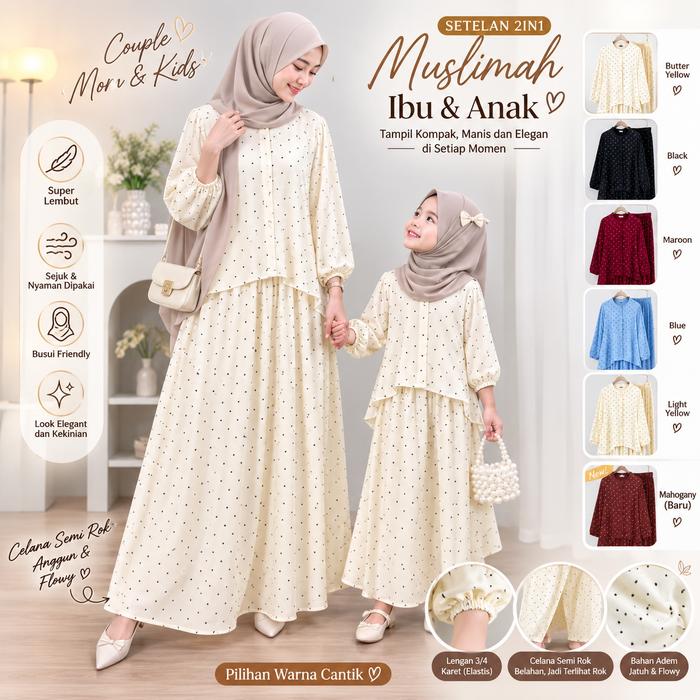 FAHIRA couple muslimah ibu dan anak setelan one set blouse oversize kulot lebar jumbo semi rok bahan