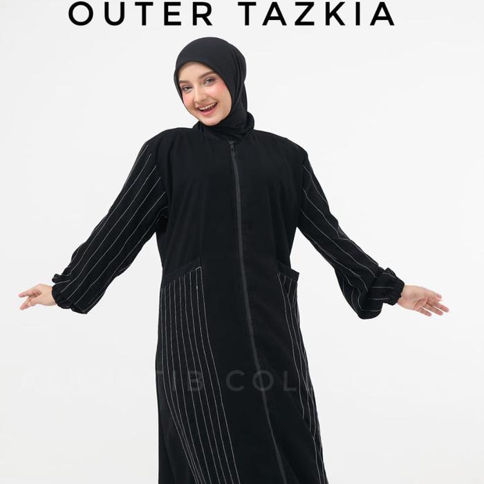 Tazkia Abaya Ziper Outer Gamis Wanita Muslim Alkhatib Collection Bahan Jetblack Tahan Lama Zipper Fu