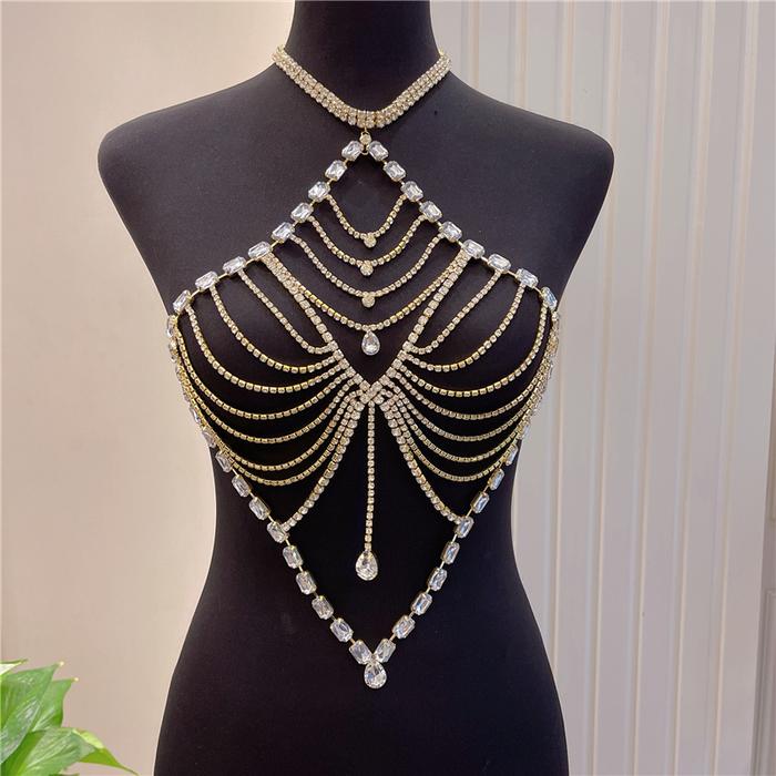2022 New Women's Body Jewelry y Bikini Lingerie Rhinestone Big Heart Bra Ladies Camisole Body Chain