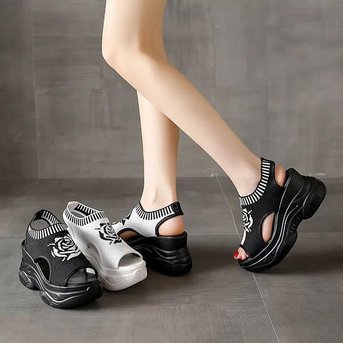 YJH Wedges sandals Rose Flower tINGGI 9Cm Sandal Wanita Casual Black White Fashion Korea WG8077