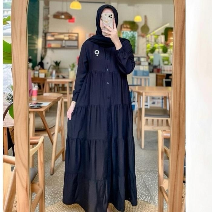 gamis susun rayon kancing busui Katun Polos Hitam Airflow Crinkle Dress Muslim Wanita Tebal Katun