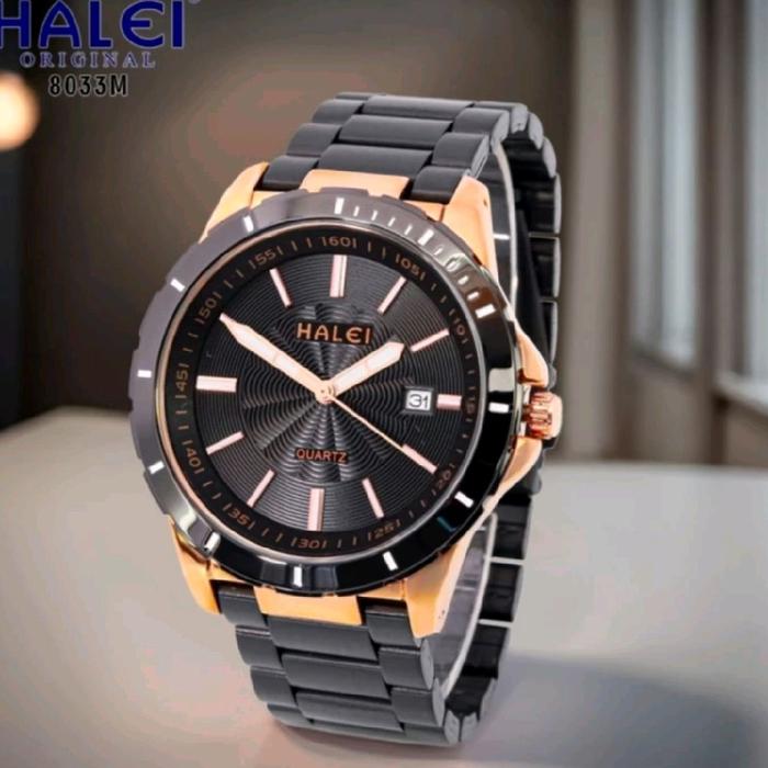Halei 8033 black rosegold jam tangan pria original