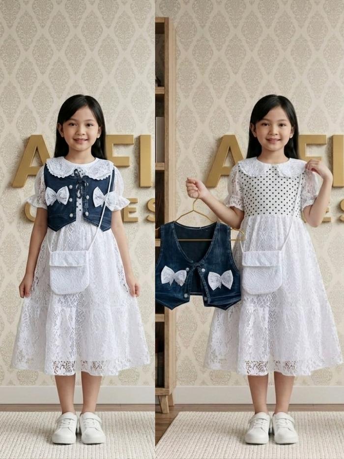 Dress Rompi Jeans Pita 2 Cantik Mix Brukat Anak Perempuan 2-11 Tahun Import Korean Style Bahan Adem 