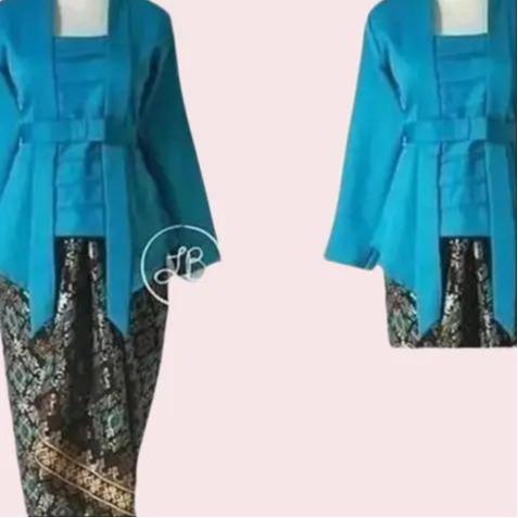 Setelan Kebaya Kutu Baru Pita Bahan Katun Warna Tosca dan Rok Batik Wanita Kain Lilit Bahan Semi Sut