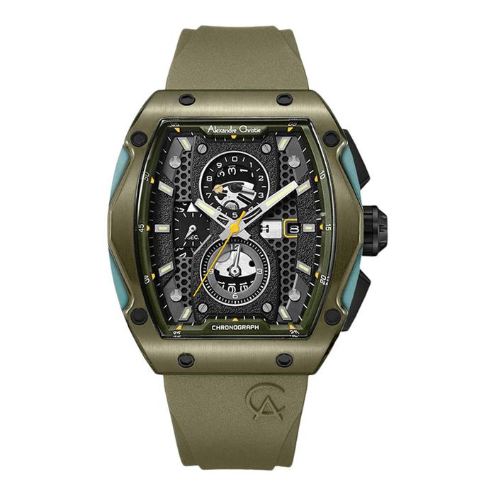 Jam Tangan Pria Alexandre Christie Chronograph AC 6608 MC RGABA Men Black Dial Green Rubber Strap