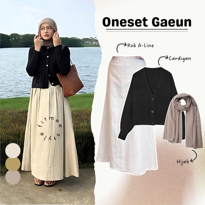 Gaeun One set outfit ootd 3in1 ( Bawahan Rok A-Line Katun Linen + Atasan Outer Cardigan Rajut + Hija