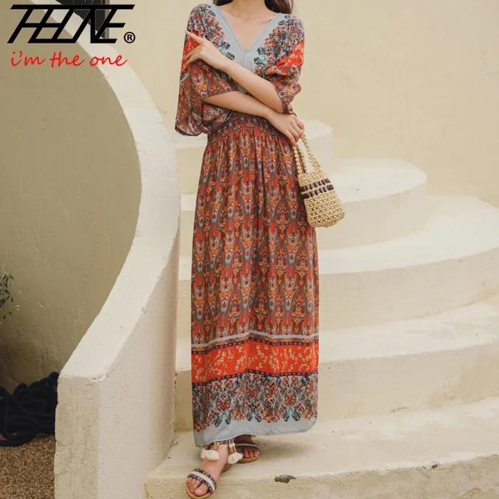 Vestido Feminino Indian Maxi Dress for Women Ropa De Mujer Long Casual Vintage Korean Style Floral P