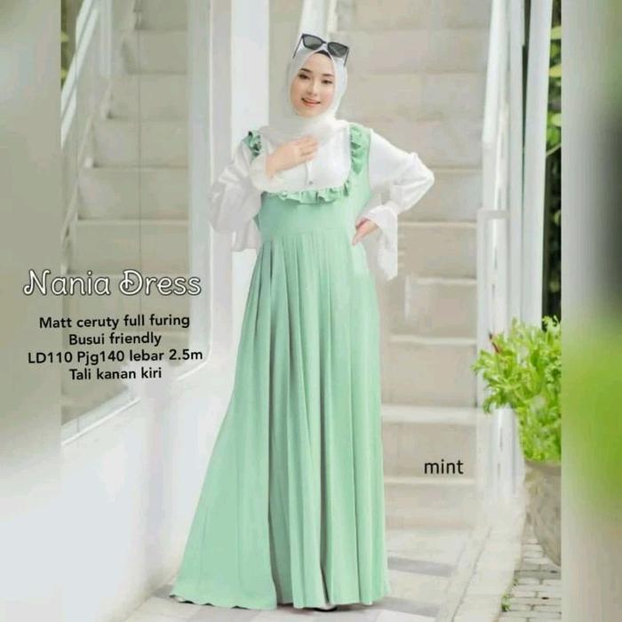 Promo Nania Dress bahan ceruty Dress wanita muslimah Gamis baju midi muslim gaun lebaran oneset hija