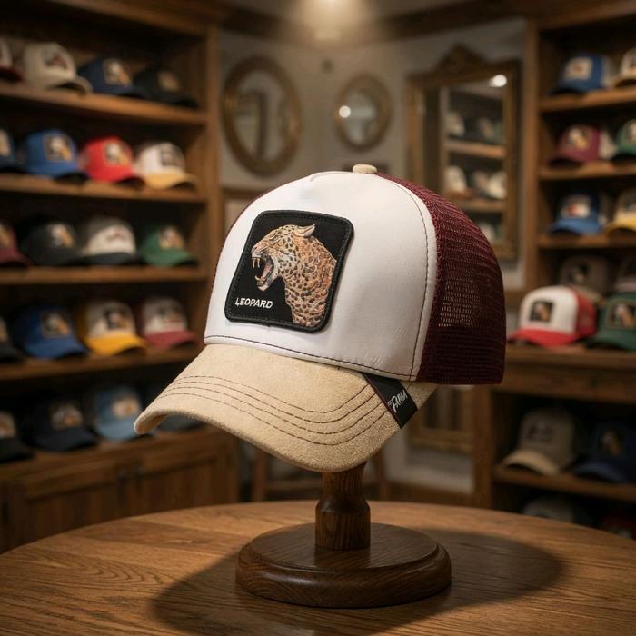Goorin Bros Topi Basic Leopard White Brown Trucker Jaring Jeans Denim Unik Nyaman untuk Aktivitas Se