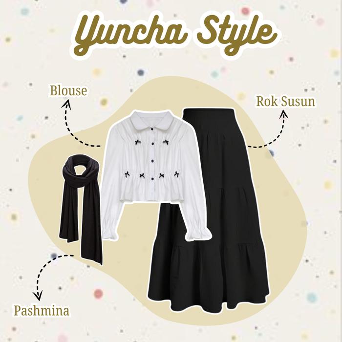 Nyaman One Set Yuncha { Blouse Pita + Rok Susun Hitam + Pashmina } Setelan Wanita Hijab Kekinan Kore