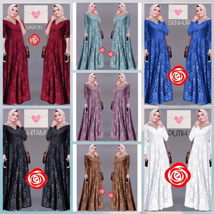 Baju Dress Gamis Pesta Kondangan Full Brukat Brokat Wanita Muslim S M L Xl Jumbo Lelita Warna Ungu L