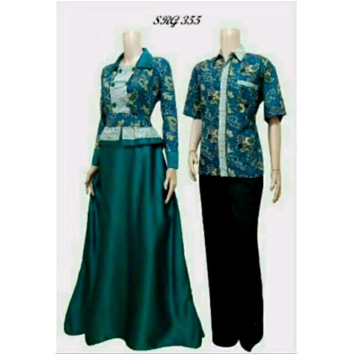Set Couple Gamis dan Kemeja Batik satin velvet warna hijau botol