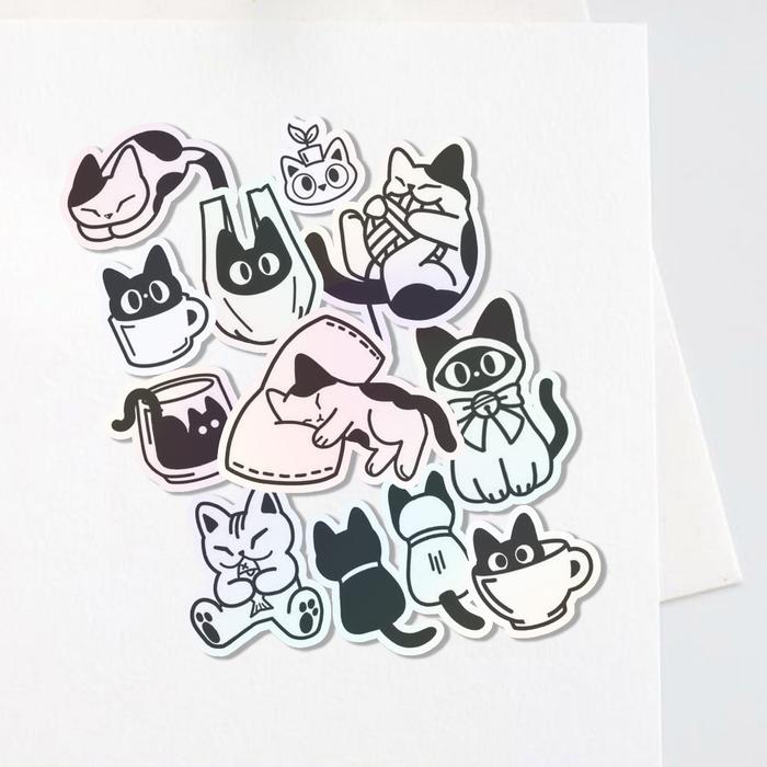 Sticker Black Cat Hologram Aesthetic Stiker Waterproof (11pcs)