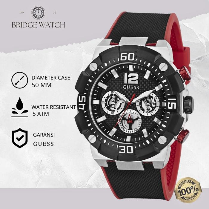 Jam Tangan Pria Guess GW0264G1 Chronograph Black Red Rubber Strap Sporty Casual Original