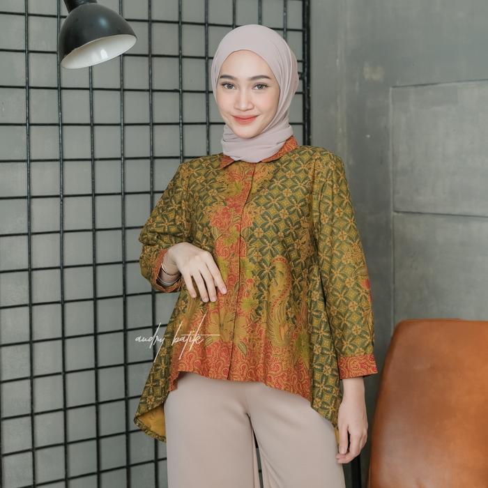 Audry - Viola - Blouse Baju Atasan Batik kantor Wanita Hijab Bahan Katun Premium Kerah Kemeja Warna 