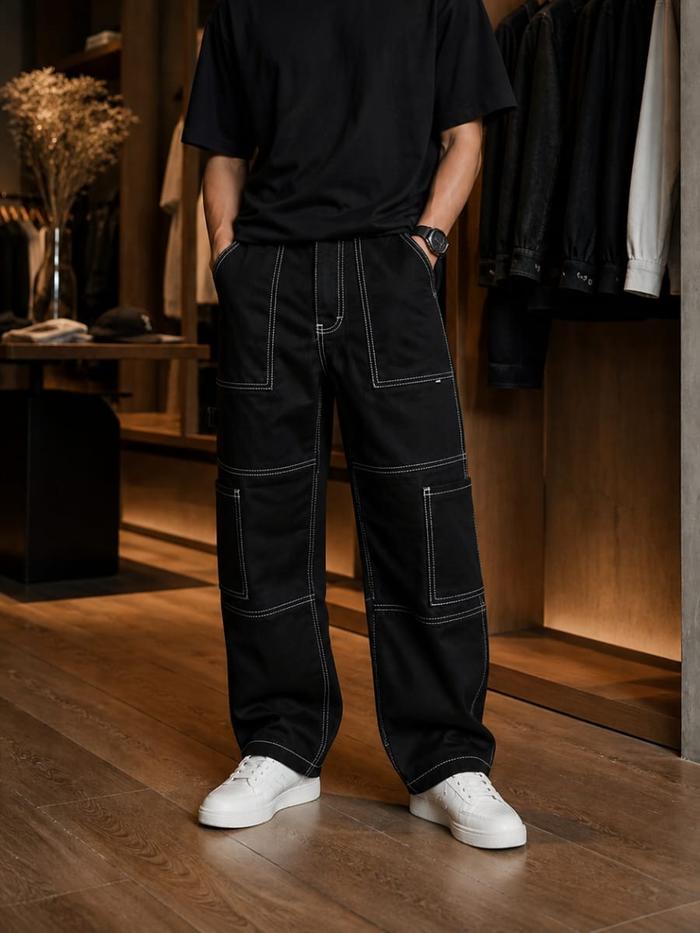 Tresor Celana Jeans Panjang Pria Tali Samping Variasi Saku Besar Bahan Black Denim Non Stretch Size 