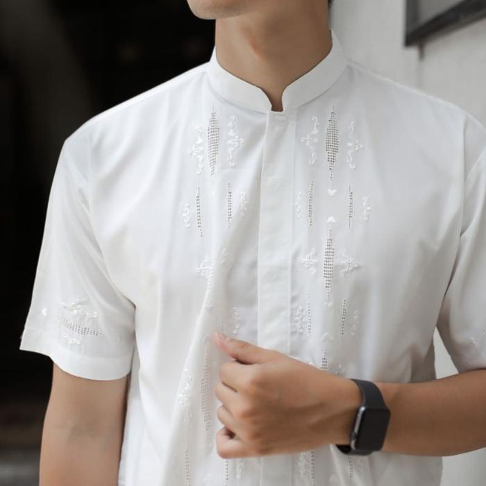 RKMSHOP-Baju koko padang kerancang sulaman tangan bukittinggi pria putih lengan pendek ORI