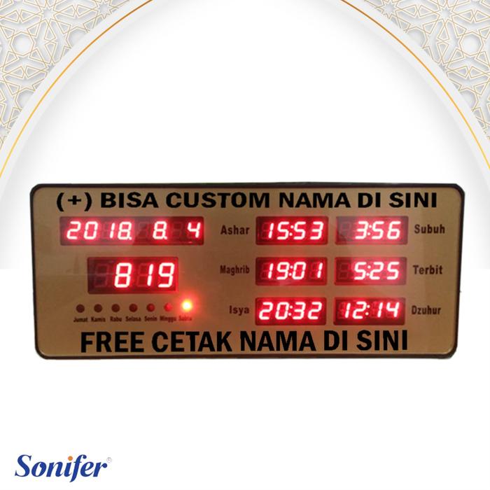 Sonifer Jam Adzan 25 x 10 cm Jadwal Sholat Otomatis Suara Azan & Beep Beep FREE CUSTOM NAMA