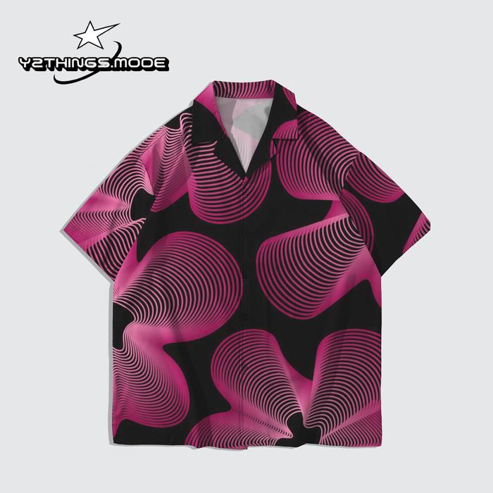 Y2THINGS Kemeja Lengan Pendek Motif Abstrak Wavy Pink Hitam – Shirt Aesthetic Psychedelic Grunge Kek