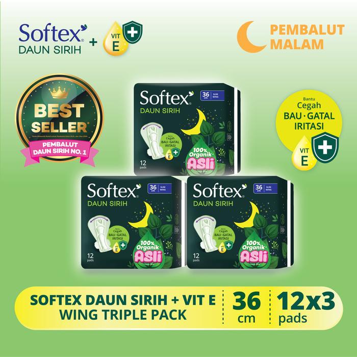 Softex Daun Sirih + Vitamin E 36cm 12s x 3 Pack - Pembalut Daun Sirih Malam