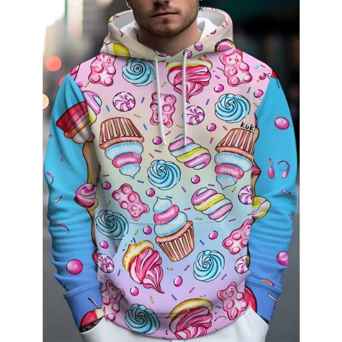 Hoodie Pria Motif Permen 3D Full Print Warna Biru Muda dan Merah Muda, Desain Permen Lolipop, Cupcak