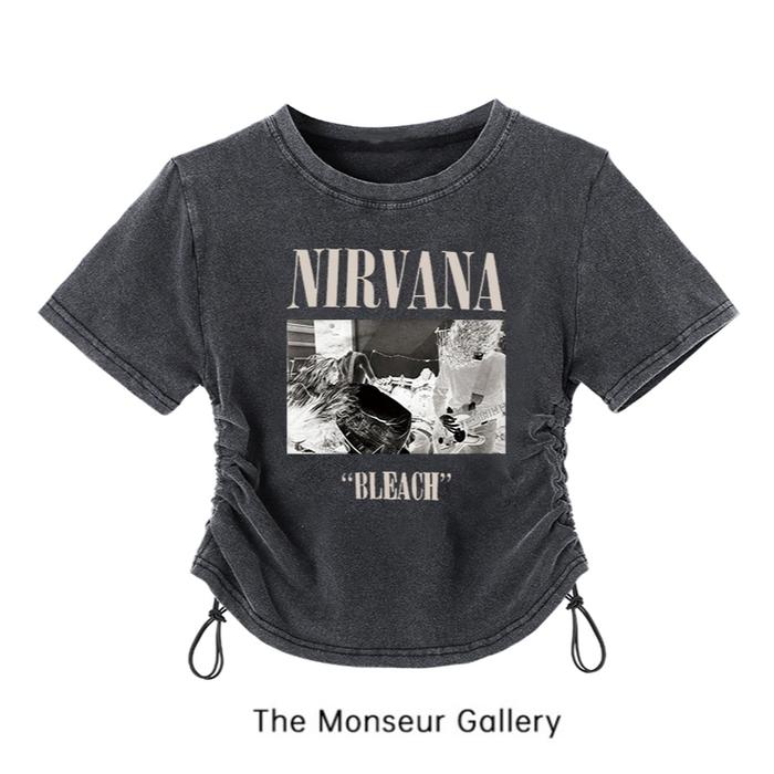 The Monseur Gallery Washed Hitam T-shirt Drawstring Wanita Kaos Crop Wanita NIRVANA | Baju Croptee