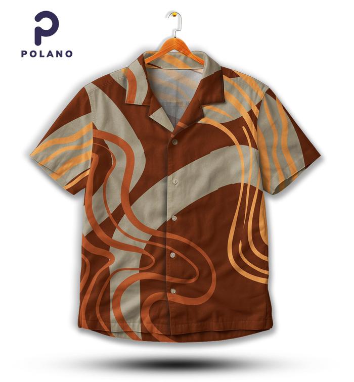 POLANO Kemeja Motif Garis Abstrak Coklat Orange Casual Unisex Aesthetic Printing Lengan Pendek | PL-