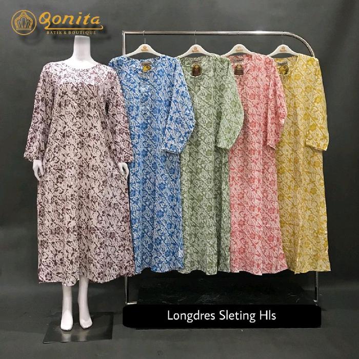 Qonita Batik Daster Longdres Sleting Hls Bumil Busui Kain Santung Premium Lembut Busui Friendly