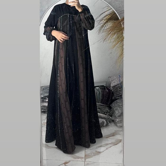 Gamis Salur Premium / Gamis Kombinasi Salur / Gamis Terbaru Seragaman / Gamis Abaya Hitam Kombinasi