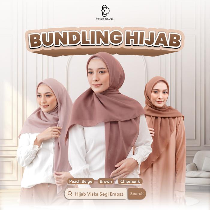 Jilbab Segiempat Viska Hijab Polos Bundle 3 Warna Peach Beige, Brown dan Chipmunk Bahan Voal Superfi