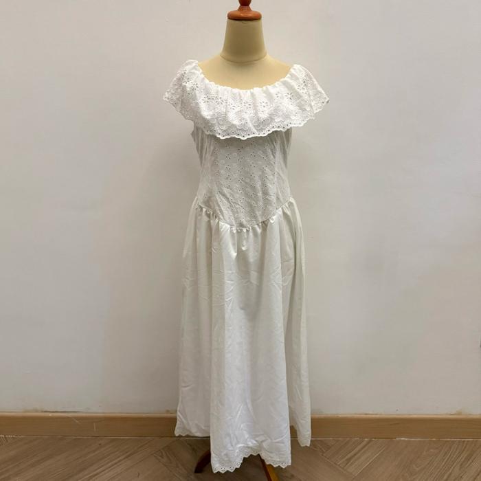 PRELOVED Ninette White Sabrina Ruffle Sleeve Basic Vintage Maxi Long Dress Fashion Wanita