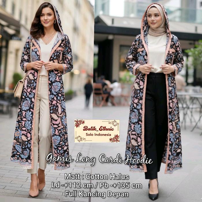 Batik Ethnic Gamis Black Long Cardi Hoodie Full Kancing Depan