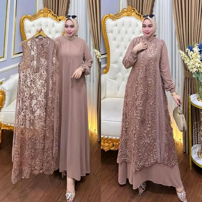 Naysila Gaun Pesta Mewah Elegan Dress Lengan Panjang Warna Coklat Muda Mocca Mahogany Burgundy Fashi