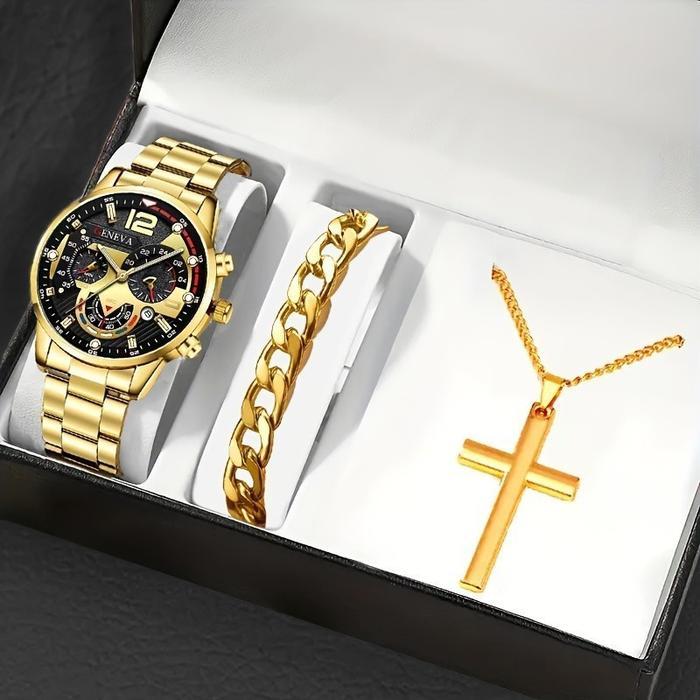 3 Pcs Set Jam Tangan Kalender Tali Stainless Steel Bisnis Pria Dengan Kalung Liontin Gelang Gelang S