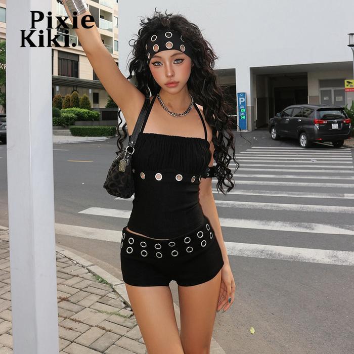 PixieKiki Black Club Outfits Sexy 2 Piece Sets Women Hollow Halter Top and Short Matching Sets Rave 