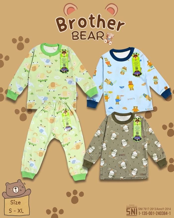 Setelan Oblong Panjang Anak Kancing Pundak Brother Bear / Baju Tidur Anak Laki-Laki Perempuan / Piya