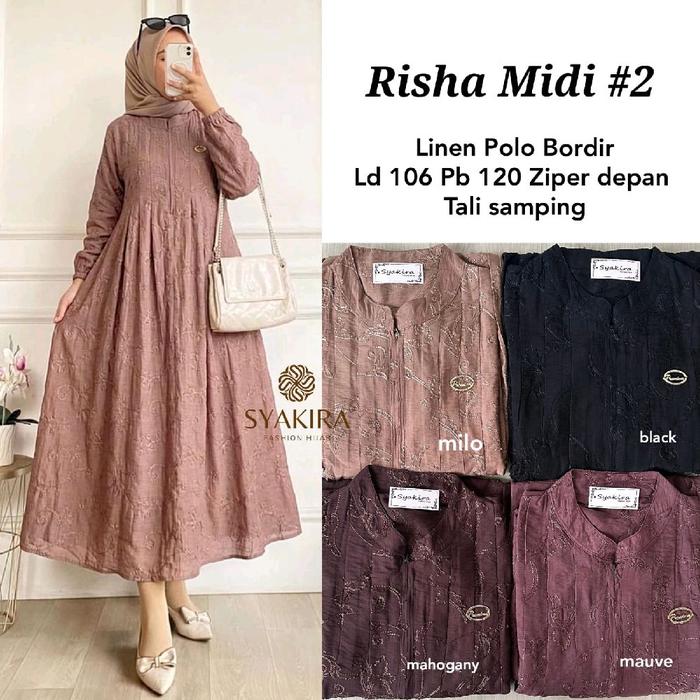 Risha midi by syakira gamis linen polo bordir gamis midi