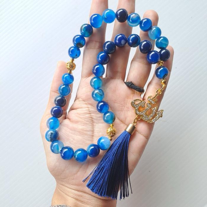 TASBIH BATU NATURAL BLUE SAFIR JUMBO 10M 33BUTIR LAFADZ RUMBAI