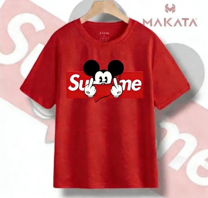 KIDS SHIRT Kaos Anak Merah dengan Desain Mickey Mouse Imut dan Tulisan "Supreme" Kaos Santai Stylish