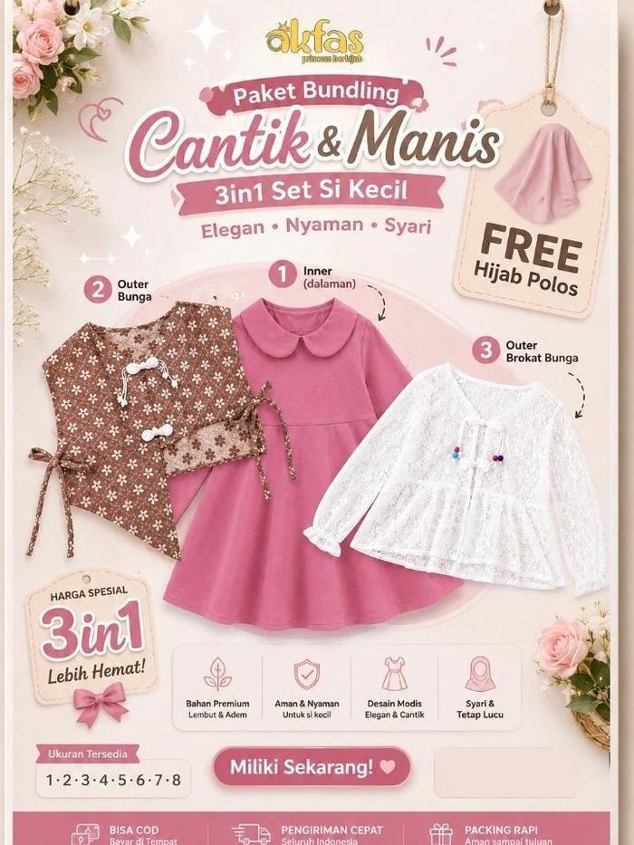 Set Gamis Anak Perempuan 3in1 AKFAS Princess Hijab Syar'i Premium | Dress Anak Muslimah + Outer Bung