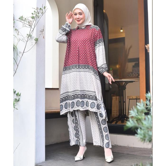 Setelan Tunik Celana Kulotoneset Bahan Rayon Vis Premium Satuarahld 112 Cm - Setelan Wanita Premium 