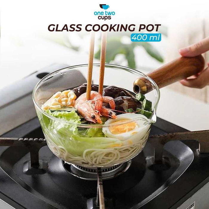 Primal One Two Cups Panci Kaca Glass Cooking Pot Borosilicate Wooden Handle - KC007
