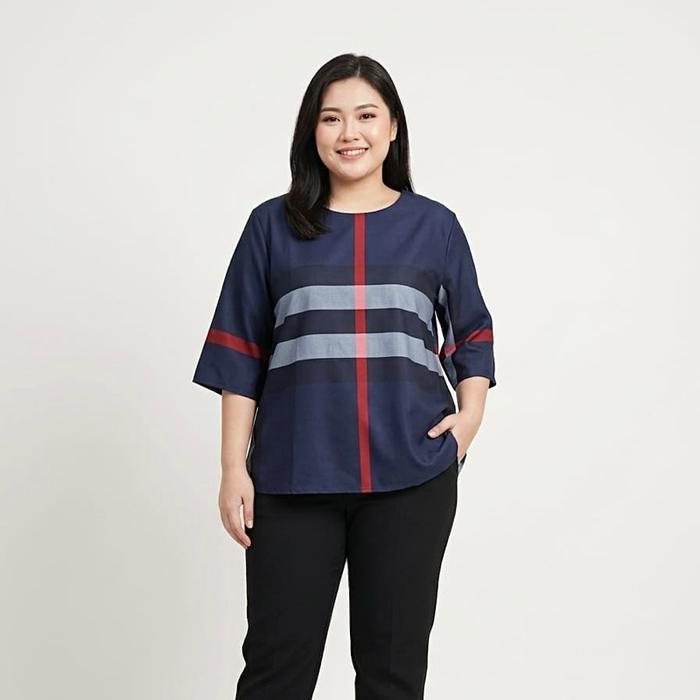 BLOUSE ATASAN WANITA OVERSIZE SCUBA MOTIF KOTAK -ERLINDA Baju Nyaman Navy