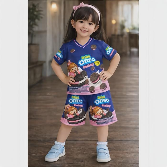 Setelan Anak Perempuan Mini Oreo Strawberry Navy Pink | Kaos & Celana Pendek | Size M–XXL