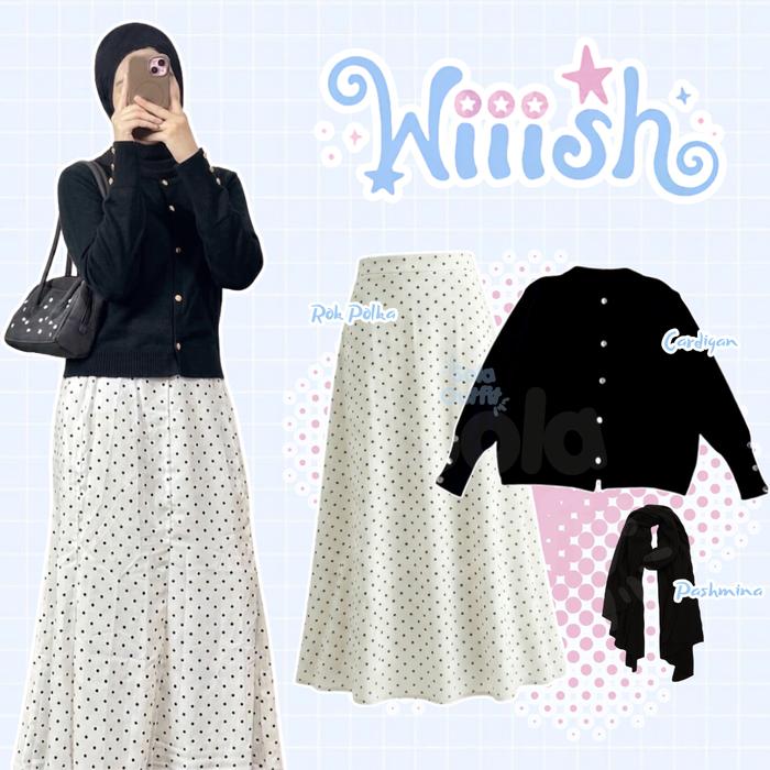 one Set Rok Polkadot Premium 3in1 kekinian / Rok Polkadot + atasan Cardigan Starla Hitam + Pashmina 