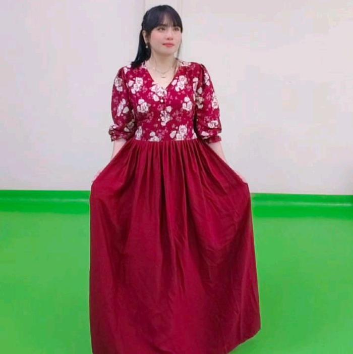 (190) Daster simanis karet tangan pendek kain rayon tuil warna merah bawah  polos..