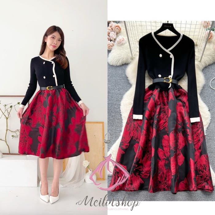 TerLaris Red Flower Knit Midi Dress Natal/ Rok Bunga merah import Party dress / gereja natal/ kondan